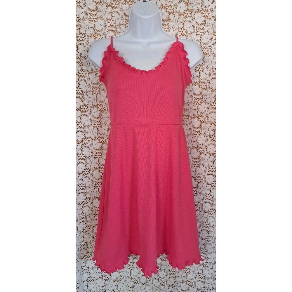 Future Collective Sundress M Pink Ribbed Knit Adjustable Straps Ruffle Details - Picture 2 of 9
